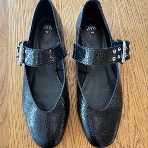 Zara Shiny Black Women's Flats with Buckle